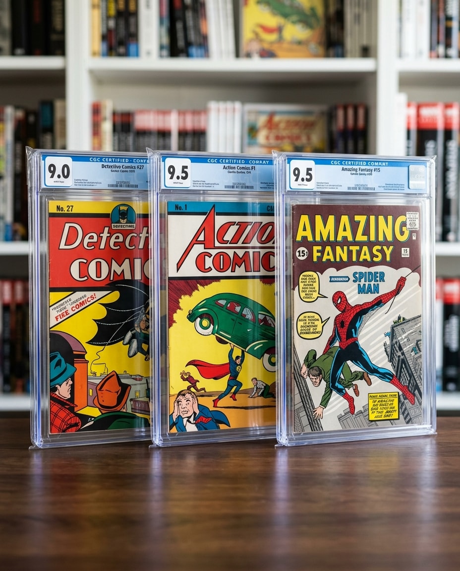 Selection of CGC graded comic book slab sleeves showing all three slabs and labels